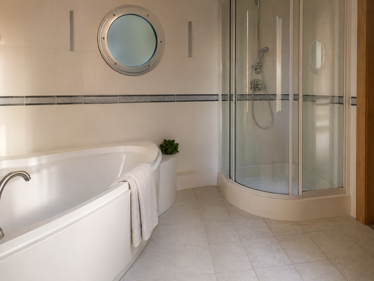 Porthole shower room in the coastal house at Wittering Sands, Hayling Island