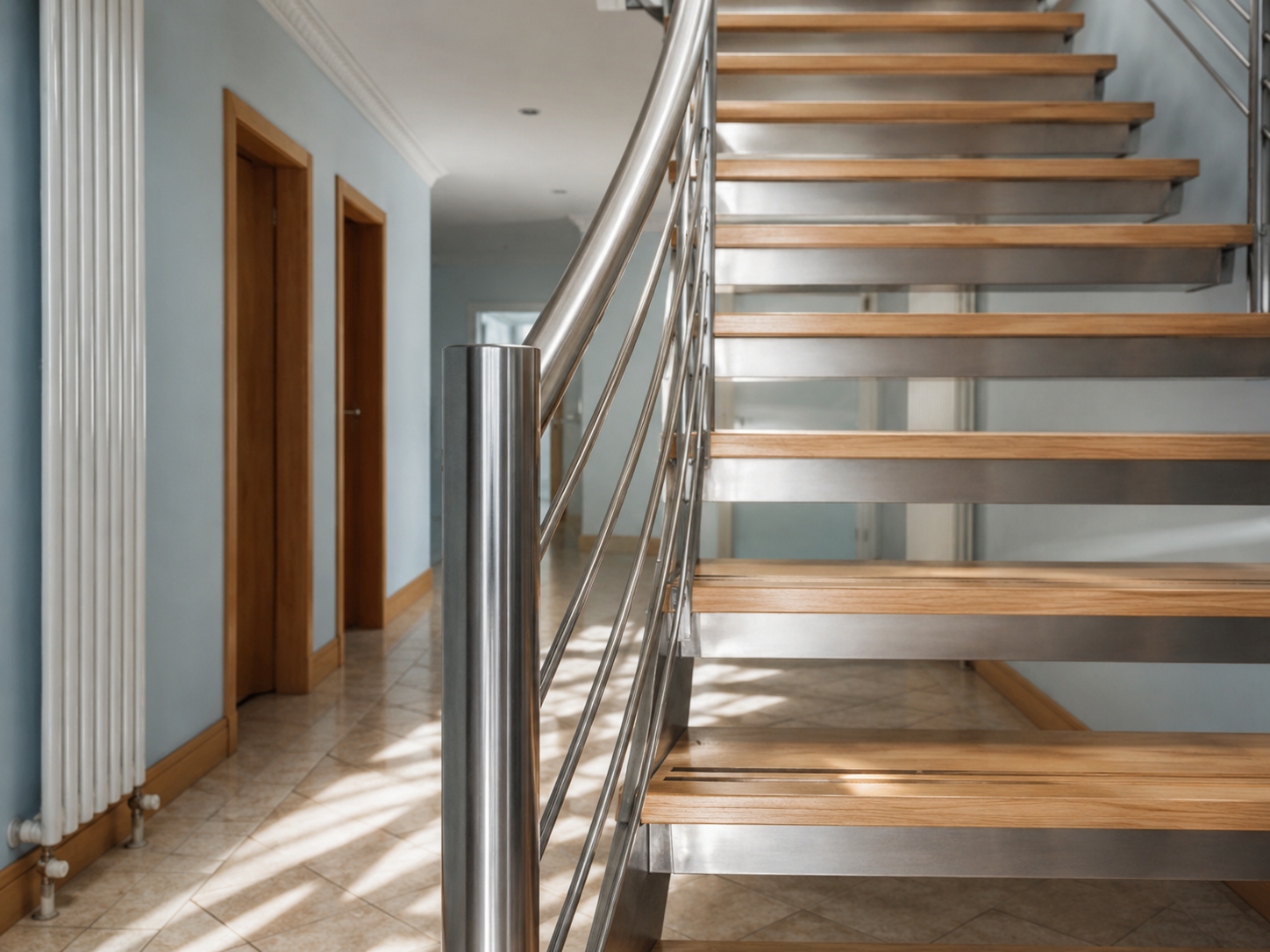 Contemporary oak and steel staircase inside Wittering Sands beach house
