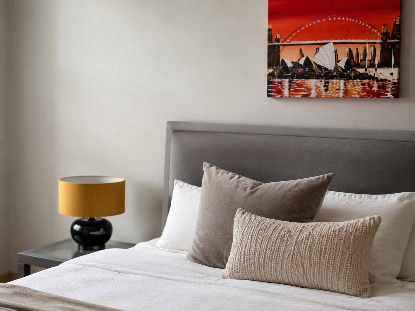 Bedroom detail with coastal artwork at Wittering Sands, Hayling Island