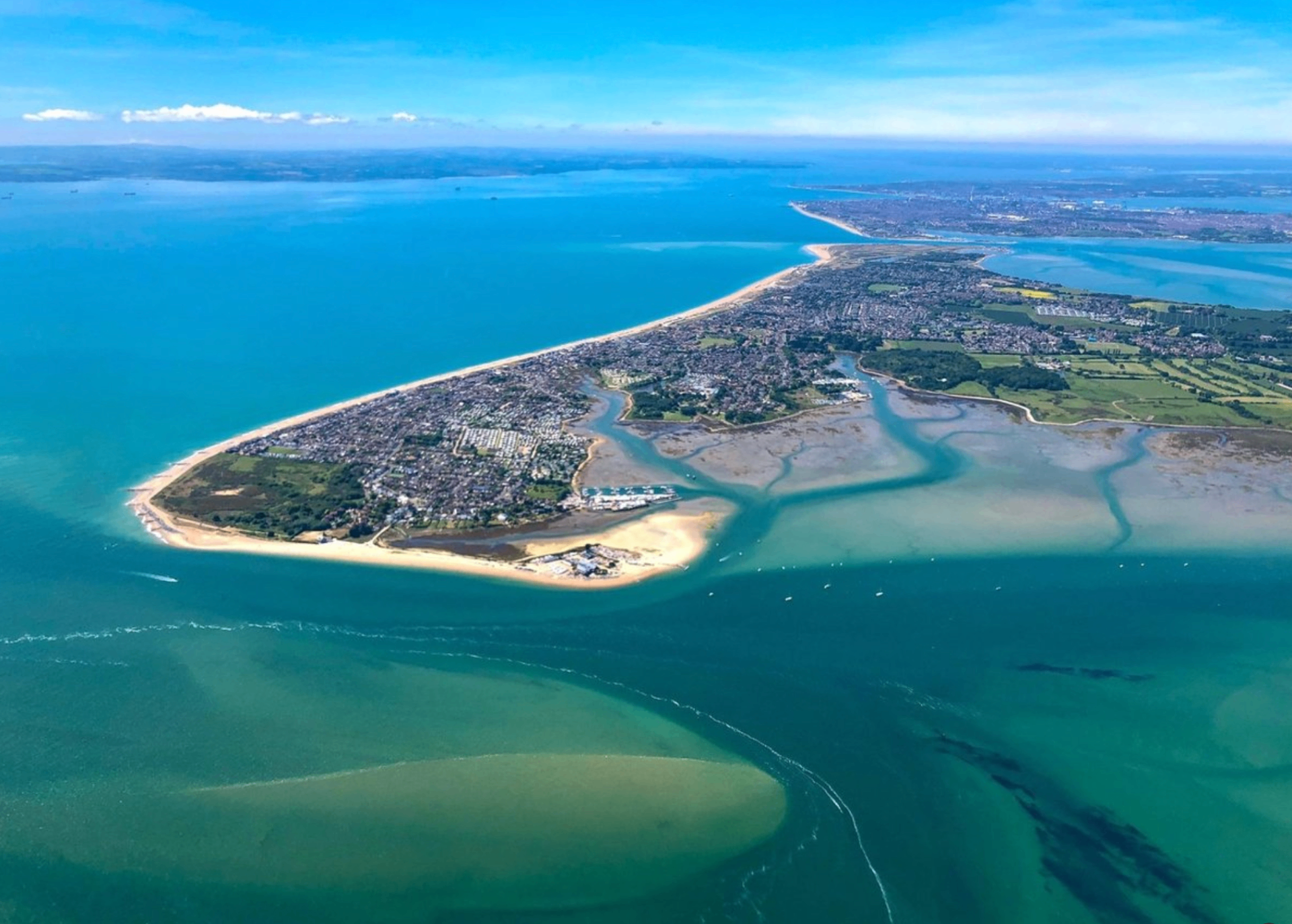 Aerial view of Hayling Island coastline and Wittering Sands